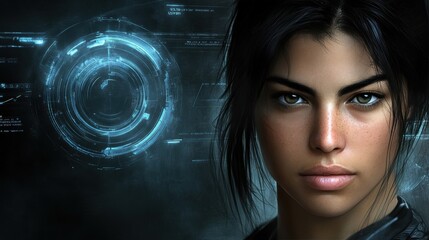 Futuristic female character with holographic interface