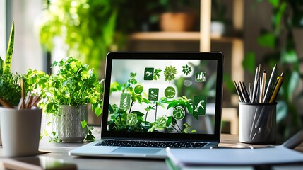 Energy-Efficient Laptop with Eco-Friendly Stickers in Office Setting