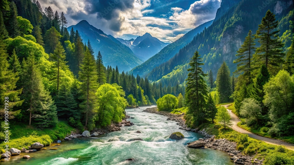 Canvas Prints Mountain landscape with a river running through a lush forest , mountain, landscape, river, forest, nature, scenic, outdoors