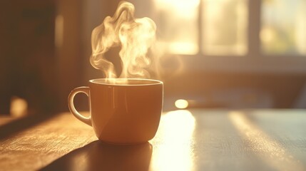 Warm Morning Coffee with Steam in Sunlight