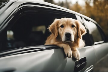 out golden car looking retriever window dog travel pet animal passenger outdoors gold summer trip vehicle portrait cute domestic happy fun curious auto to sit open countryside funny green adorable