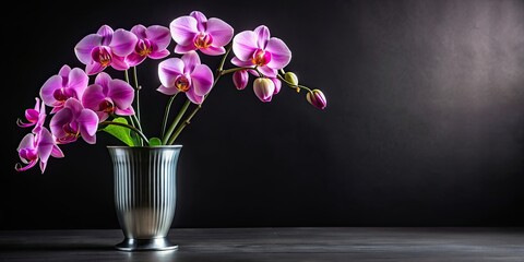 Fototapeta premium Elegant orchids in silver vase on black background , luxury, sophisticated, floral, decoration, elegance, arrangement
