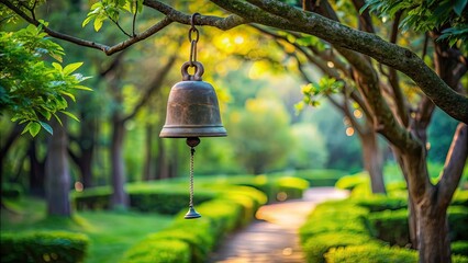 Stone bell hanging from a tree branch in a tranquil garden setting, stone, bell, hanging, tree, branch, tranquil
