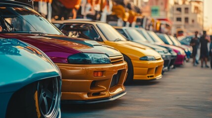 A lineup of vibrant sports cars showcased during sunset in a bustling city, attracting onlookers and car enthusiasts alike.