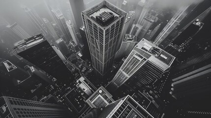 Aerial view of modern skyscrapers in monochrome, showcasing urban landscape and architectural design amidst a foggy atmosphere.