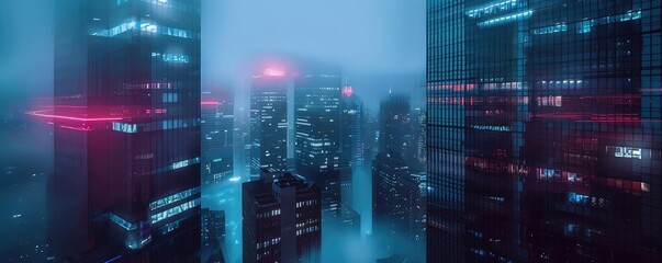 Fototapeta premium A futuristic city skyline shrouded in mist, illuminated by neon lights, showcasing modern architecture and vibrant colors.