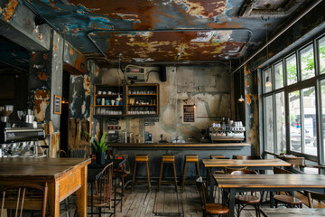 Urban cafe interior with abstract corroded metal ceiling, reclaimed wood tables.