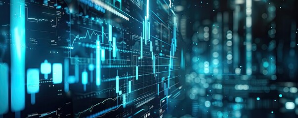 Fototapeta premium Futuristic digital background featuring glowing lines and data visualizations for technology and finance themes.