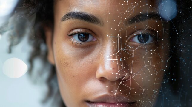 portrait photo of woman's face with facial recognition, identity face scanner