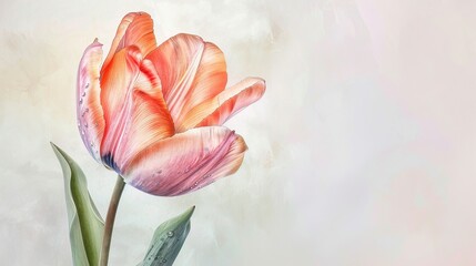Obraz premium Hand drawn tulip in watercolors, close up, blooming in soft pastels, with morning dew highlighting its fragile beauty