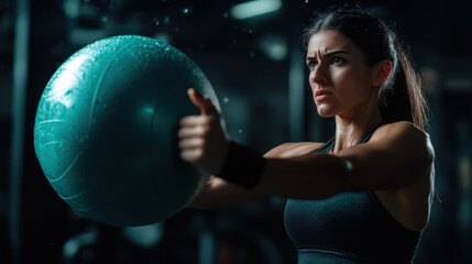 Naklejka premium Determined Woman Exercising with Medicine Ball in Gym
