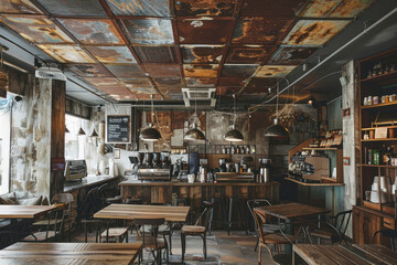Urban cafe interior with abstract corroded metal ceiling, reclaimed wood tables.