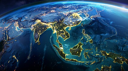 Earth at night, showing Southeast Asia, lit by city lights.