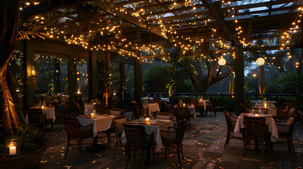 Fototapeta premium A cozy outdoor dining area set in a serene forest, beautifully illuminated with twinkling string lights, offering an intimate and enchanting atmosphere perfect for a quiet evening meal.