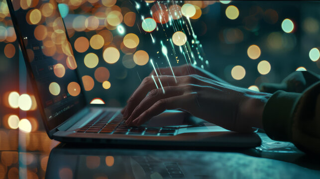 Hands typing on a laptop keyboard, bathed in bokeh lights, symbolizing the interconnected digital world and the modern era of communication.