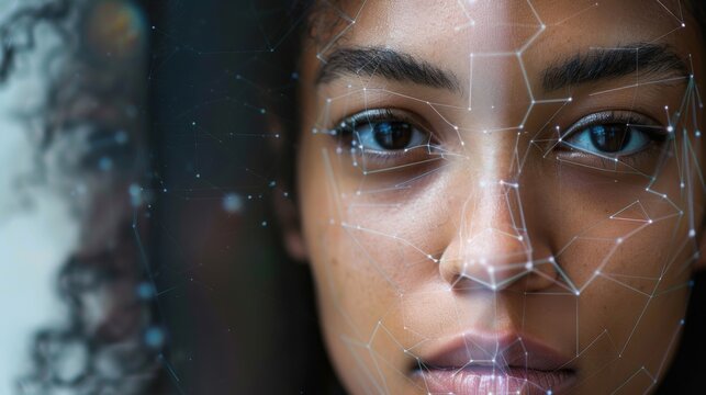 portrait photo of woman's face with facial recognition, identity face scanner - Powered by Adobe