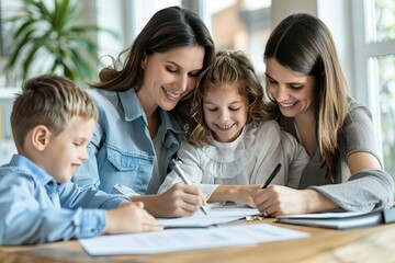 Obraz premium Happy family meeting in an office, signing documents for real estate or a loan agreement