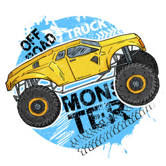 Design with Hand drawing  yellow Monster Truck. Vector t-shirt illustration for boy. Grunge cool style print on isolated white background © artlavi_design