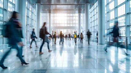 Blurred people walking in a modern hall background banner, with copy space