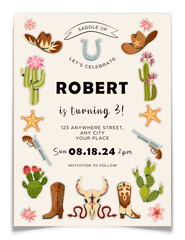 Wild West Cowboy Birthday Party Invitation Card.