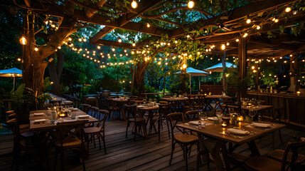 Fototapeta premium A serene outdoor dining space set in a lush garden, beautifully illuminated by string lights, offering a magical and intimate atmosphere perfect for an evening meal.