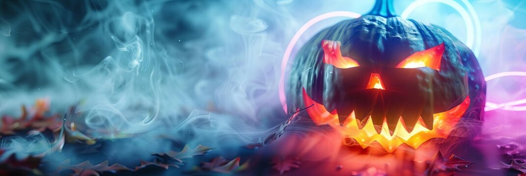Spooky Jack-o'-lantern with glowing eyes and a menacing grin surrounded by smoke and neon lights.