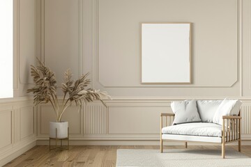 Minimalist living room interior with a white armchair, wooden floor, and a blank canvas on the wall.