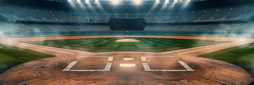 Empty baseball field with dugouts and a stadium backdrop