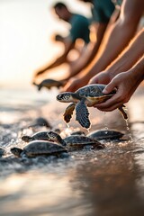 A group of people releasing rehabilitated sea turtles into the ocean, filled with hope and accomplishment