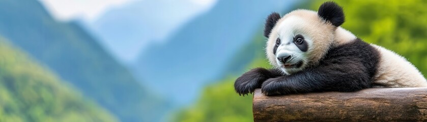 Obraz premium A panda cub resting on a log with a beautiful mountain landscape in the background, highlighting its serene and peaceful demeanor.