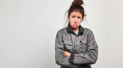 Fototapeta premium Woman factory worker is depressed and tired on a monochromatic background. Hard female work and lack of fulfillment in technical specialties.
