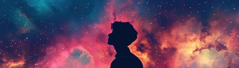A silhouette of a person against a vibrant, colorful cosmic background, symbolizing dreams and the vastness of the universe.