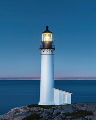 Fototapeta premium A serene lighthouse stands tall by the calm sea, illuminating the night sky with its guiding light for passing ships.