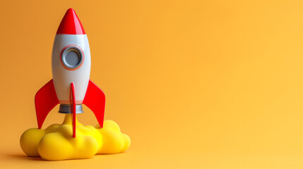 Toy rocket launching with yellow clouds of smoke against a bright yellow background. Minimalistic design with a focus on space travel and exploration.