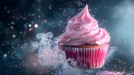 A pink frosted cupcake surrounded by a mystical mist and sparkling sprinkles, creating a magical and enchanting dessert scene against a dark, dreamy background.