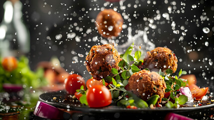 Crispy falafel balls paired with fresh cherry tomatoes and greens are captured in a dynamic splash, highlighting the freshness and vibrancy of this appetizing dish.