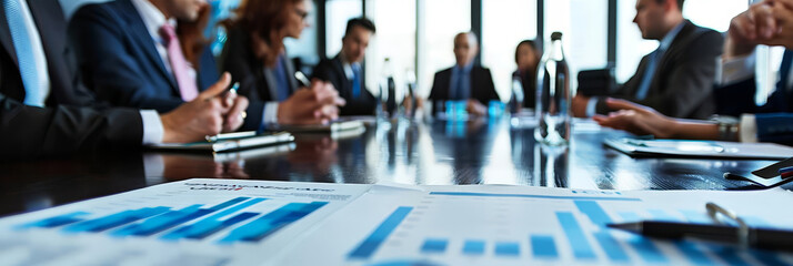 Businesspeople in a meeting, discussing financial data.