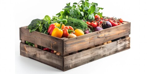 Wooden crate filled with fresh produce, including tomatoes, onions, yellow peppers, cauliflower and greens.