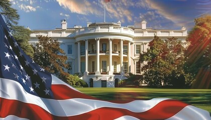 United States Flag with the White House in the Background