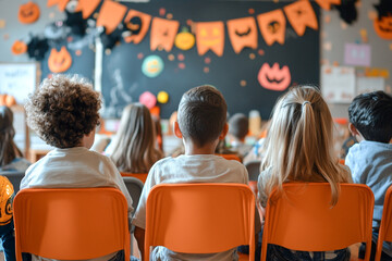Children sitting in a classroom with Halloween decorations, back to school concept