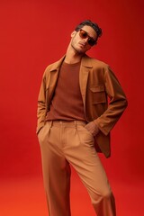 Elegant man wearing brown clothing against red backdrop.