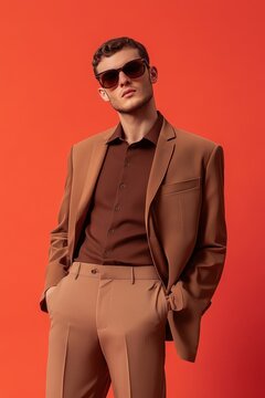 Stylish man in brown suit with sunglasses on red backdrop