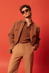 Confident man in brown shades and tan suit standing
