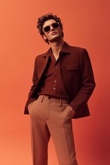 Confident man in chic brown attire and sunglasses