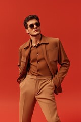 Obraz premium Stylish man in tan ensemble with round sunglasses, posing