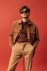 Modern man in tan jacket and brown shirt, posing stylishly