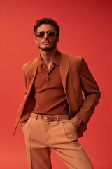 Stylish man in brown outfit with sunglasses, portrait