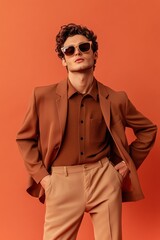 Obraz premium Confident man in brown formal attire, hands on hips