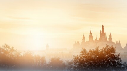 Obraz premium A majestic castle silhouette emerges from a misty sunrise, casting a dreamy and ethereal glow.