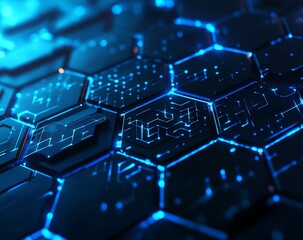 Abstract technology background concept with hexagon pattern and glowing light effects. Vector illustration in the style of abstract, ultra realistic, stock photo, high resolution photography, insanely